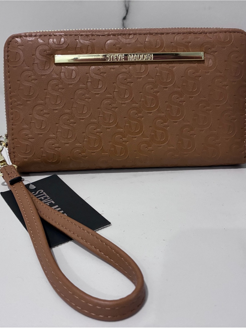 Steve Madden Brown Embossed Wristlet with Gold Accent
